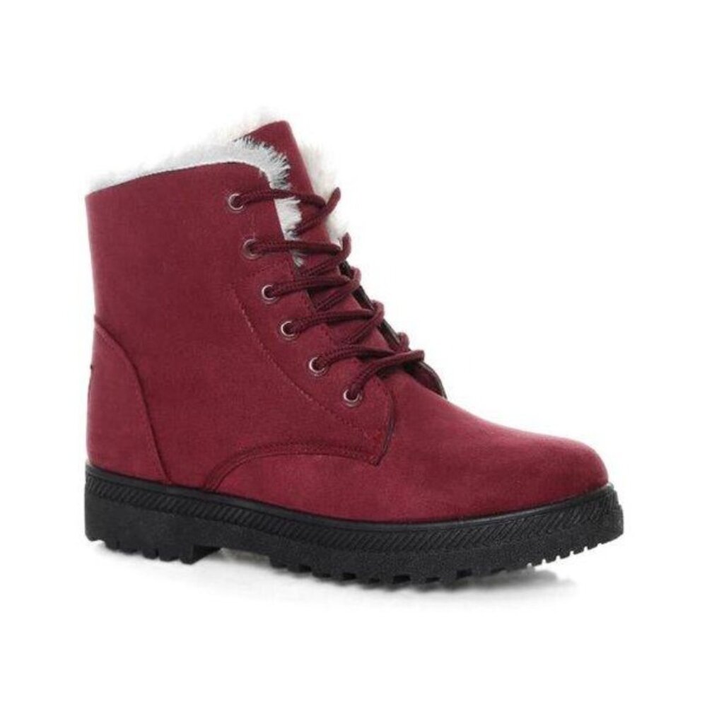 PAOTMBU - Wine Faux Fur Lined Ankle Boot